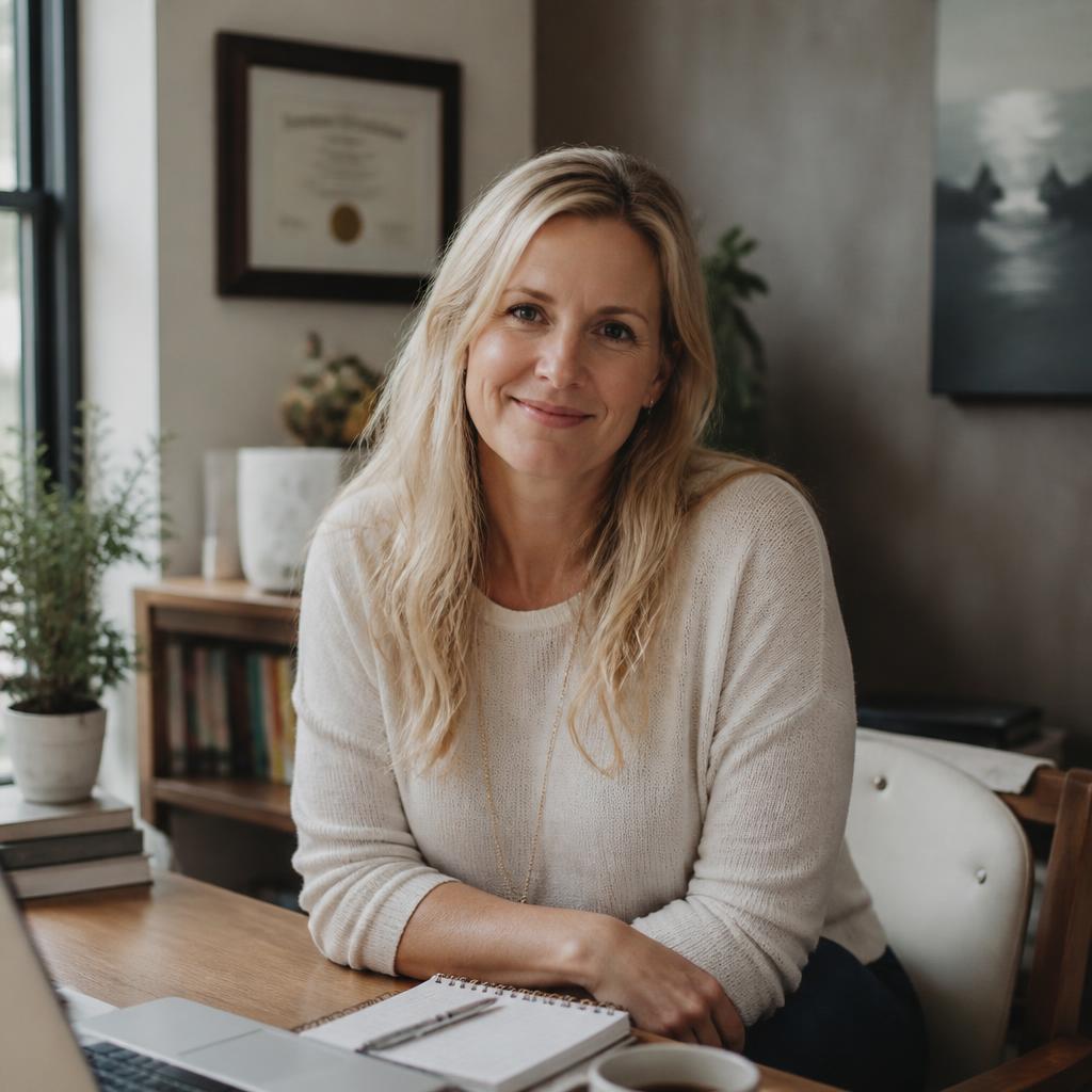 Warm, confident blonde woman in her late 30s at a small boutique office desk