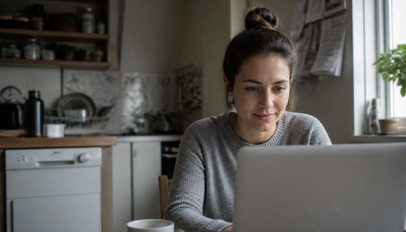 Young woman consulting via laptop at a kitchen table