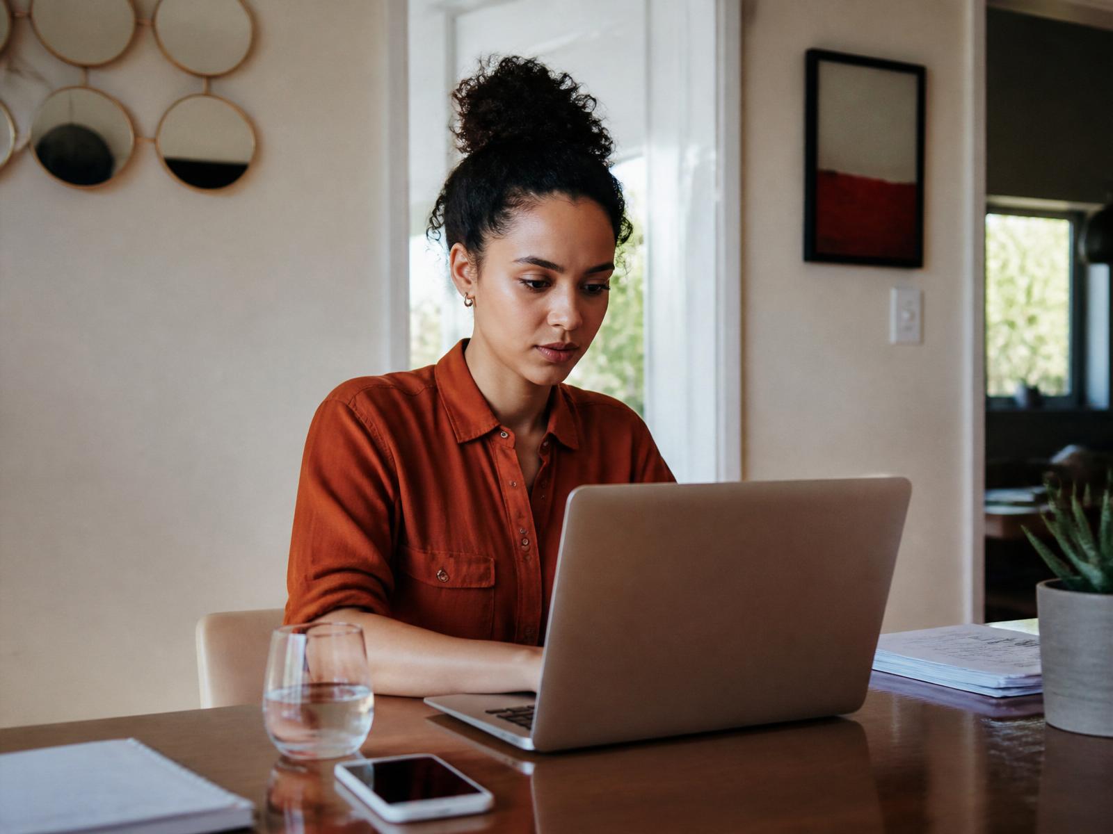 Mixed-race professional woman in her early 30s working naturally at a home desk while searching for jobs on her laptop