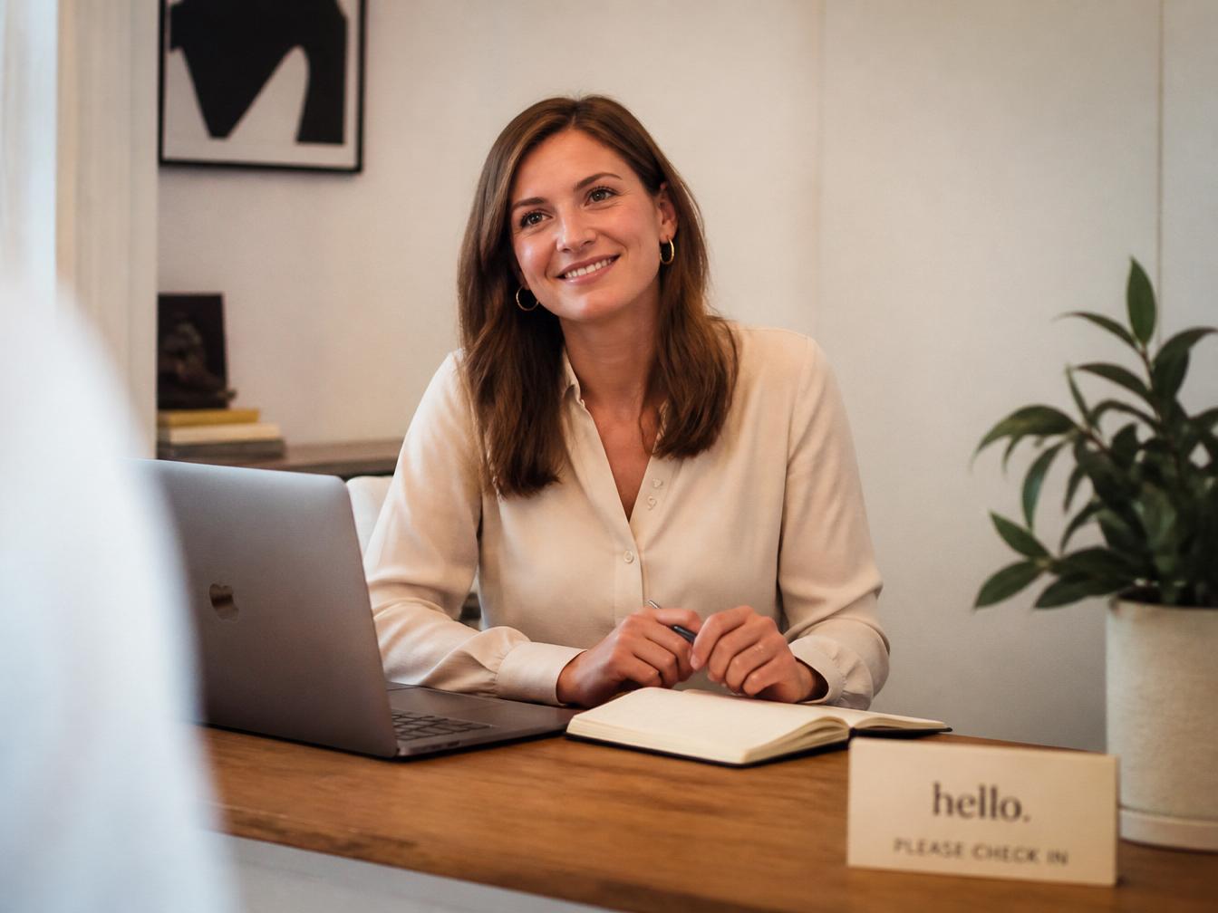 Warm, approachable receptionist at a boutique office desk ready to receive your enquiry
