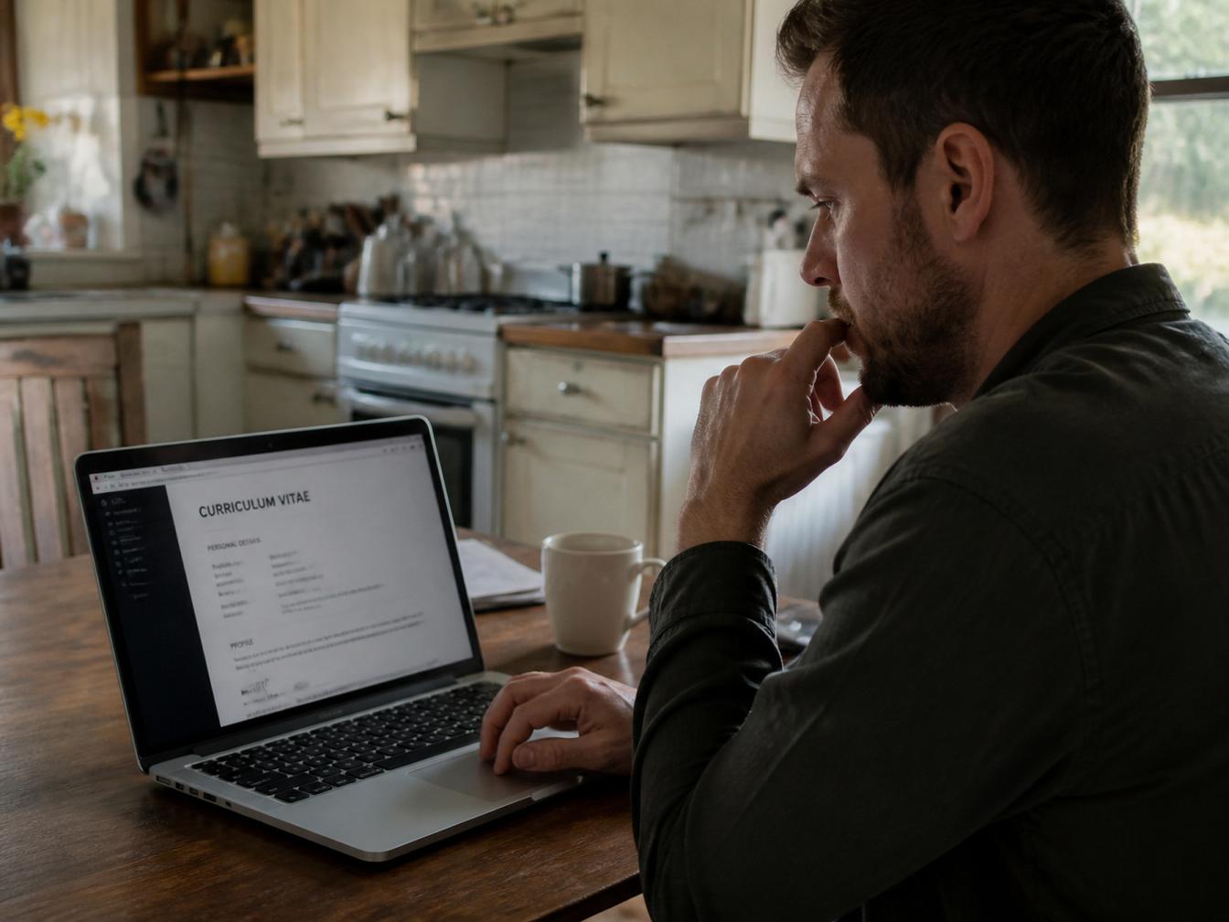 Man at a kitchen table applying for jobs on his laptop