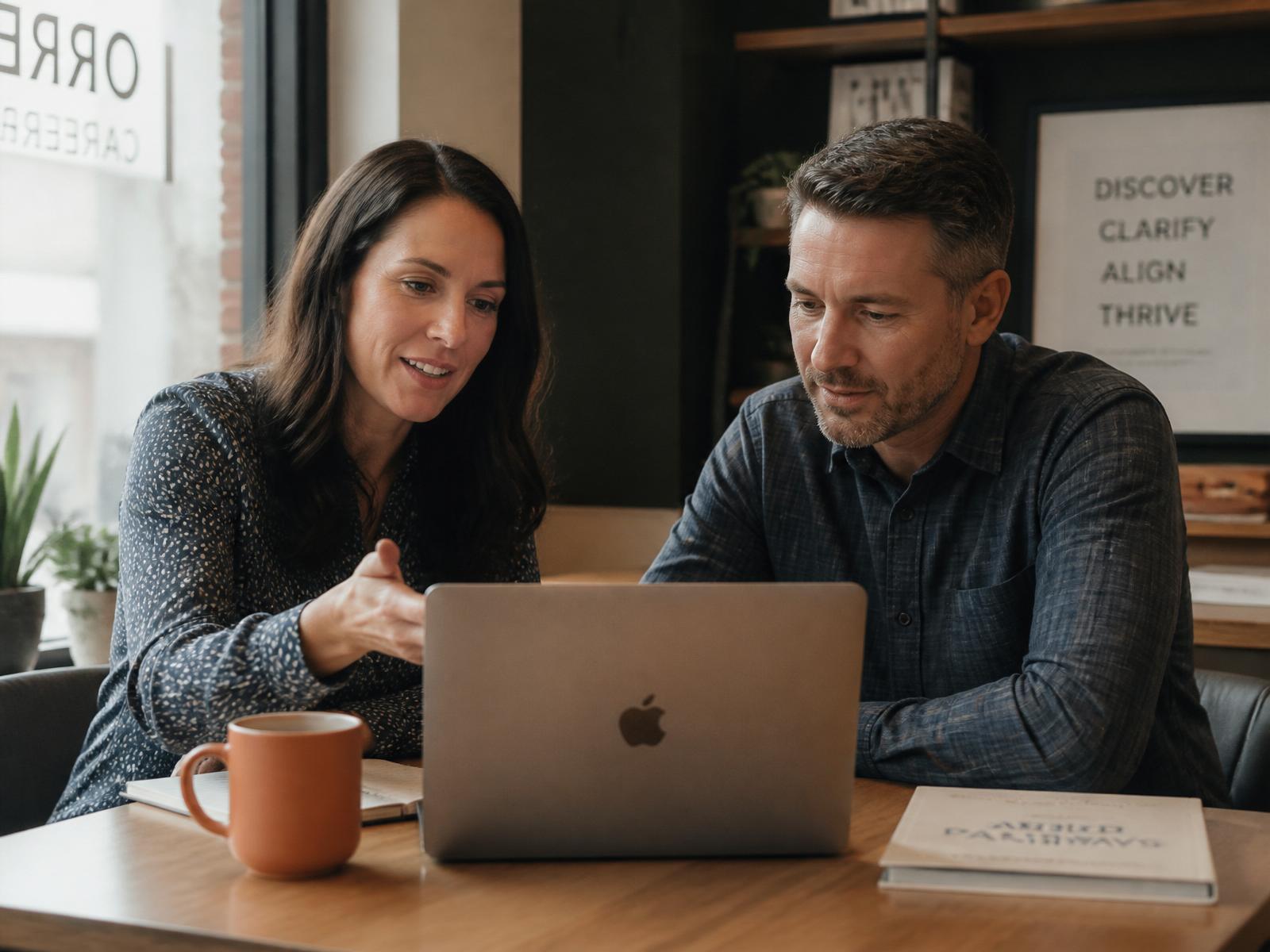 Friendly female career consultant guiding a male client through his options on a laptop at a small boutique office desk, showing supportive, hands-on help as he gets started