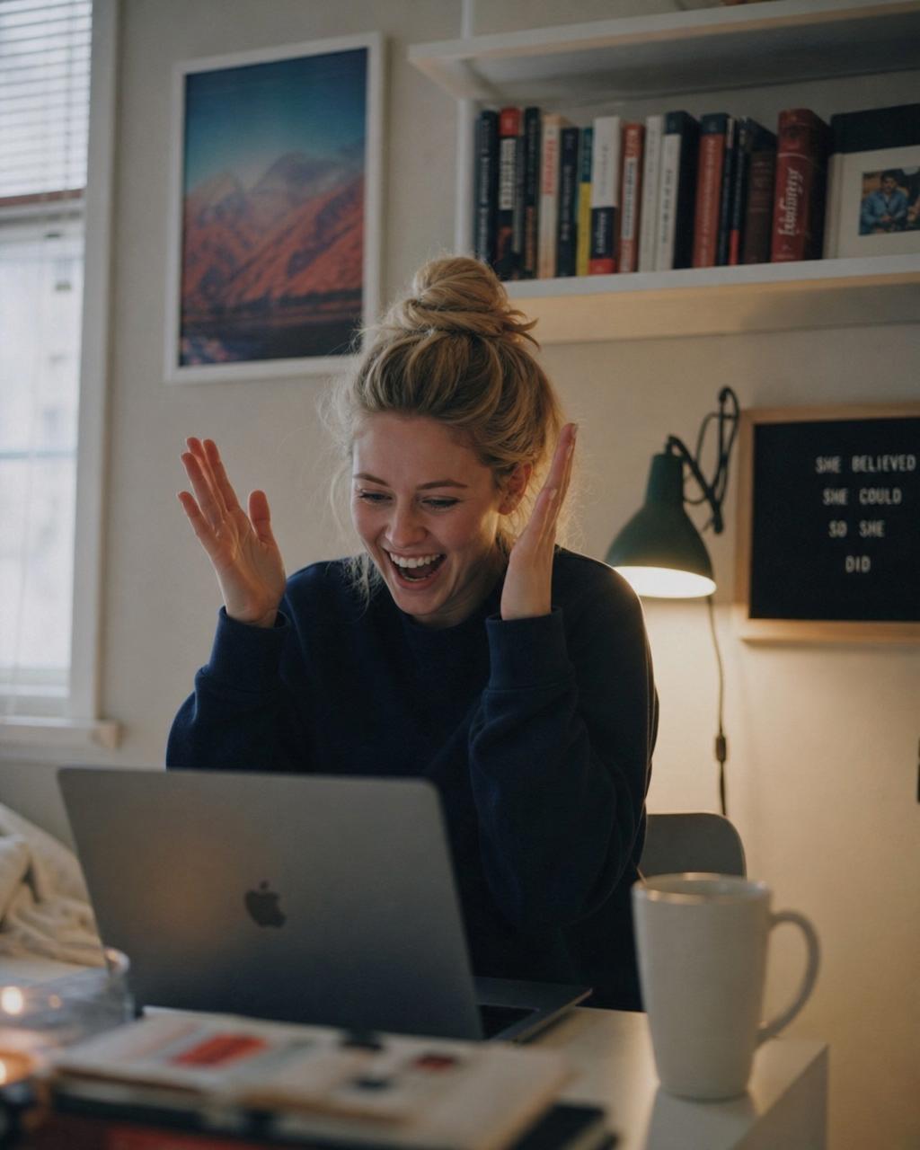 A younger woman celebrating good news at her desk with her laptop.