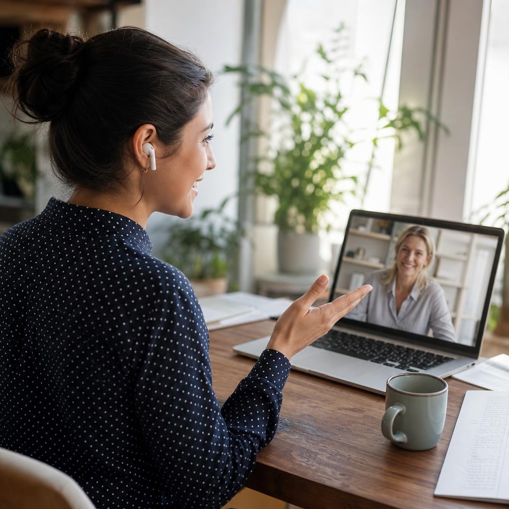 A candidate on a friendly live video consultation with a career ally, talking naturally from a bright home office