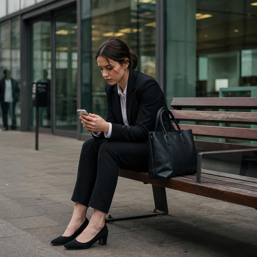 Professional sitting on a bench outside an office after an interview, looking down at their phone, deflated