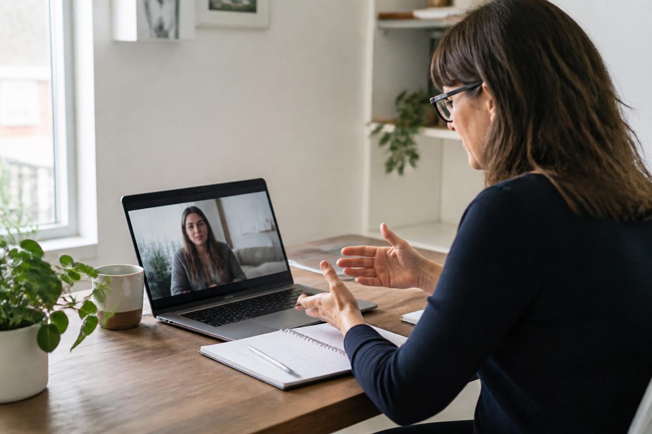 A career ally in a bright minimal office, talking to a job seeker on a laptop screen during a video coaching session