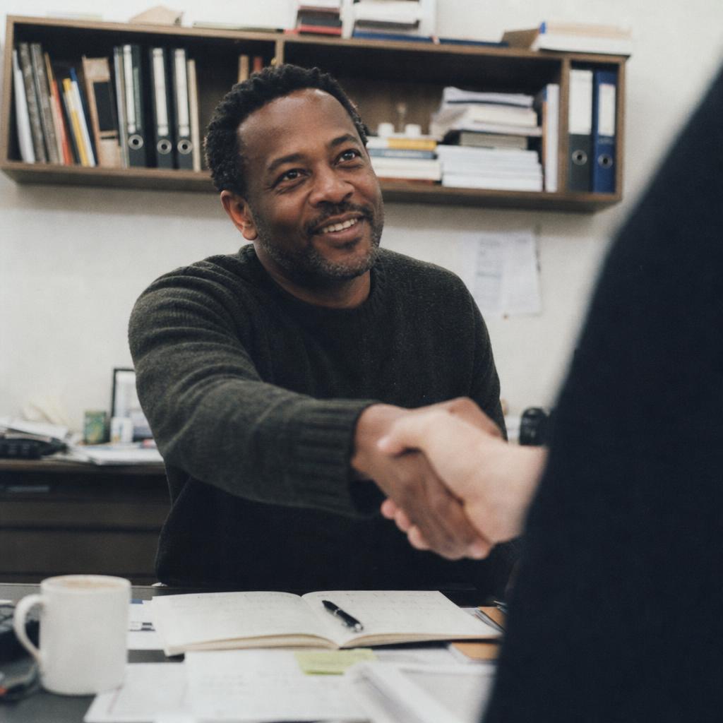 Candid moment of a hiring manager in an olive jumper seated at a naturally lit desk, warmly shaking hands with a successful applicant