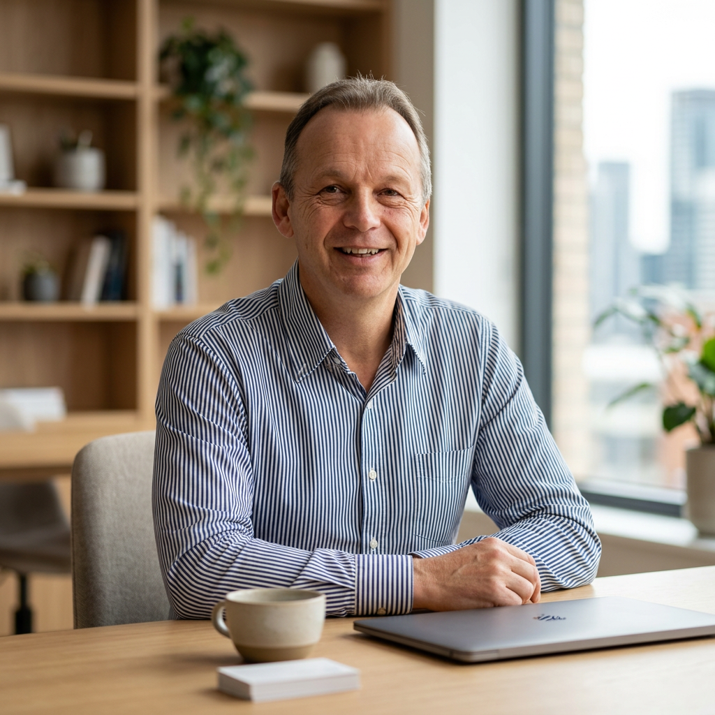 Nigel Vickers, founder of Your Career Ally, at his desk in soft window light.