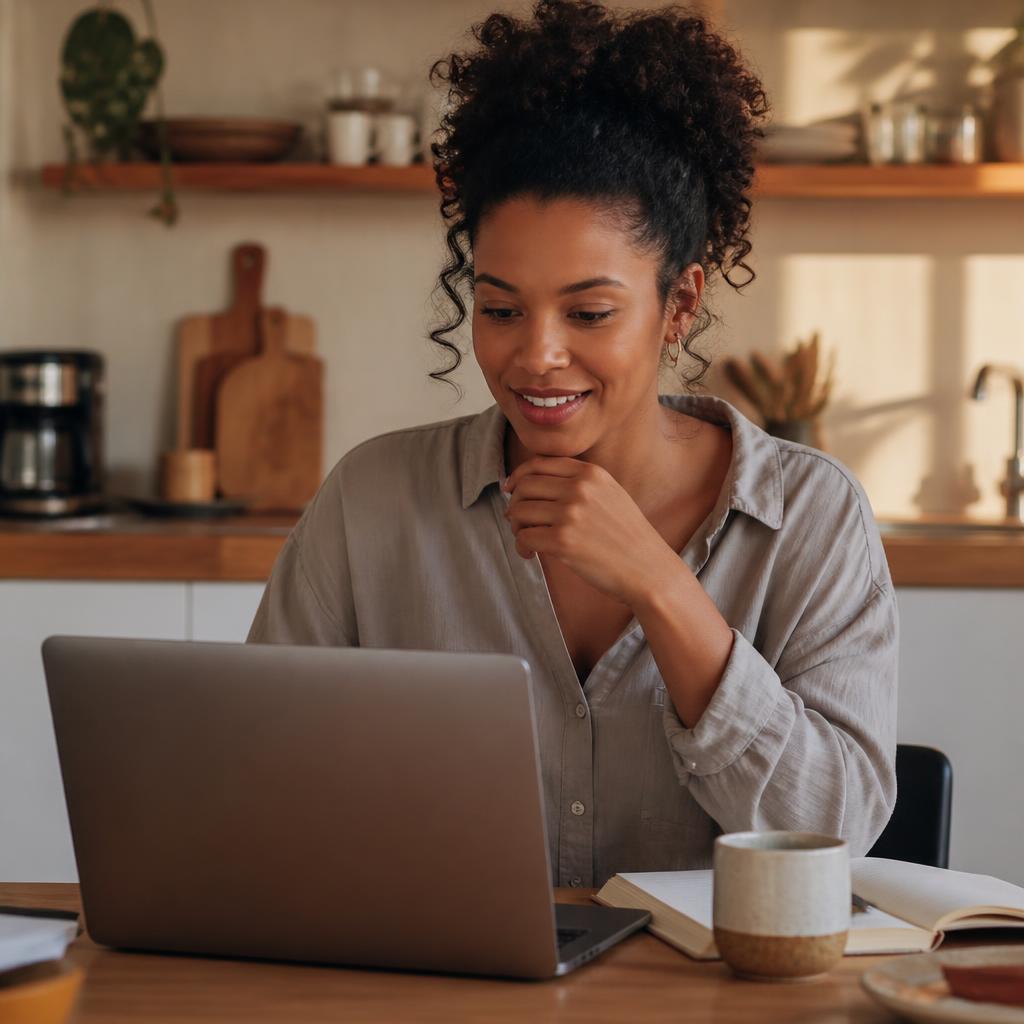 Young Black woman in her late 20s with curly hair in a kitchen, looking at her laptop screen with a bright, decisive smile while choosing a career support programme